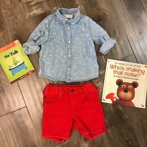 Zara denim shirt+GAP red denim short+ 2 books